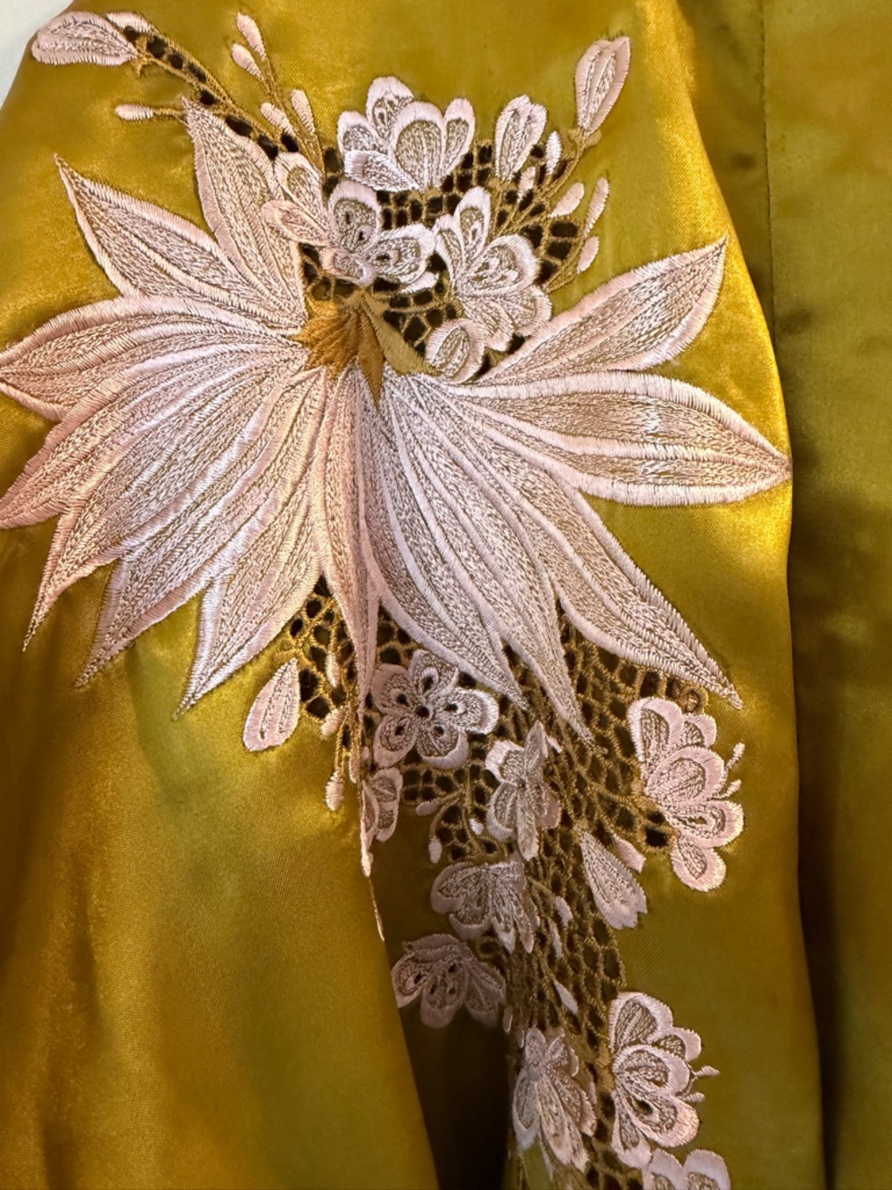 Silky Olive Green Embroidered Satin Robe with Belt